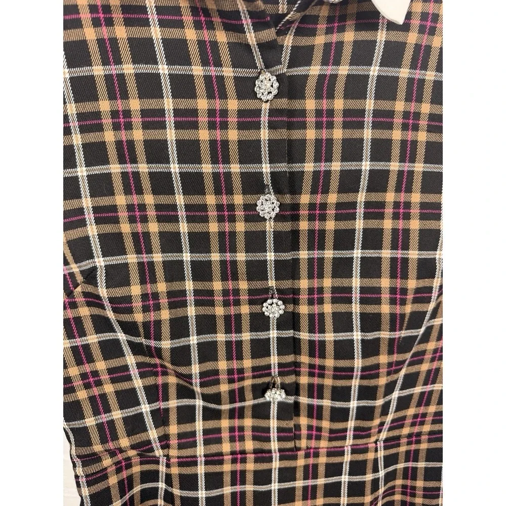 NWT CeCe Plaid Shirt Dress Size 4 Brown Pink Floral Button Collar Midi - Picture 2 of 6